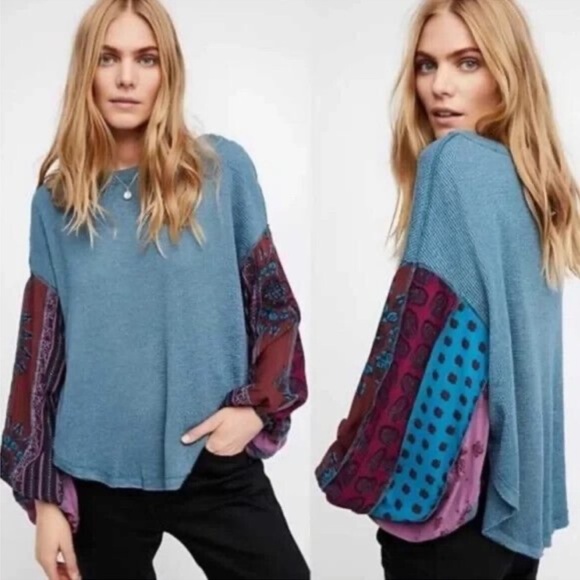 NEW We The Free People Blossom Thermal Balloon Sleeve Oversized Pullover Top XS - Picture 1 of 6
